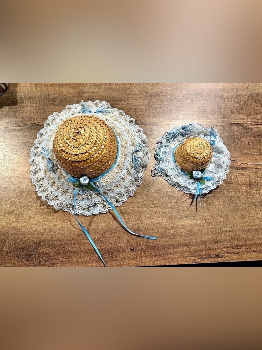 Vintage Straw Bonnet Hat Set Blue Lace Ribbon Floral Cottagecore Grannycore Deco